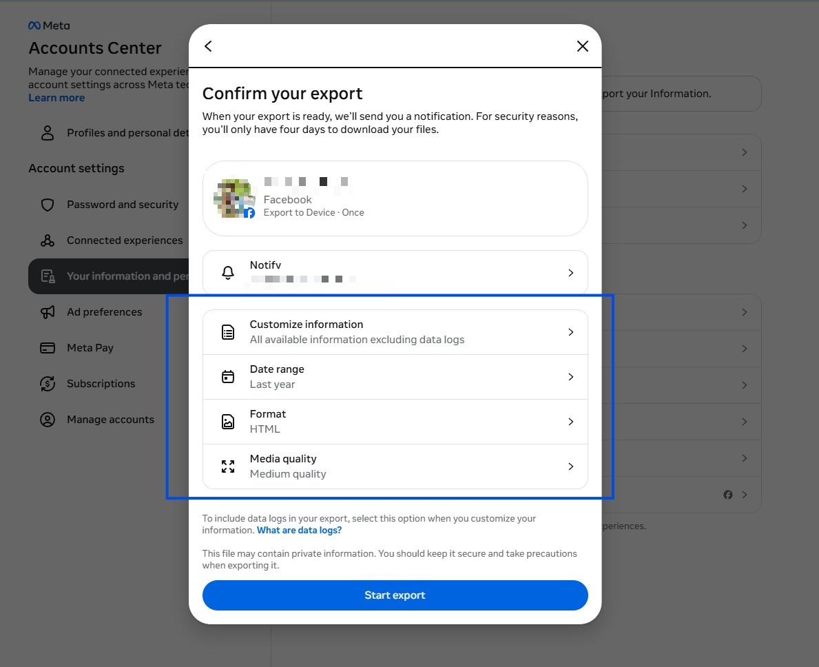 Confirm your export screen